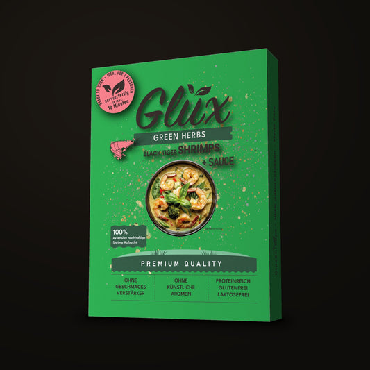 GlüxShrimps Green Herbs – Black Tiger Shrimps mit Kräuter-Sauce, Ready to Cook, Packung 350 g