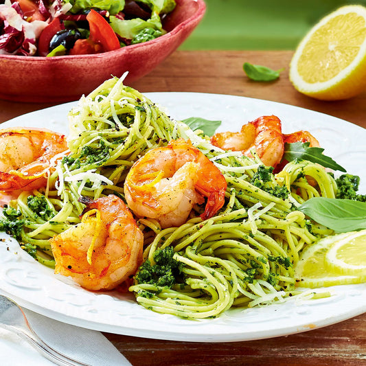 Spaghetti mit 3-Kräuter-Pesto und Garnelen