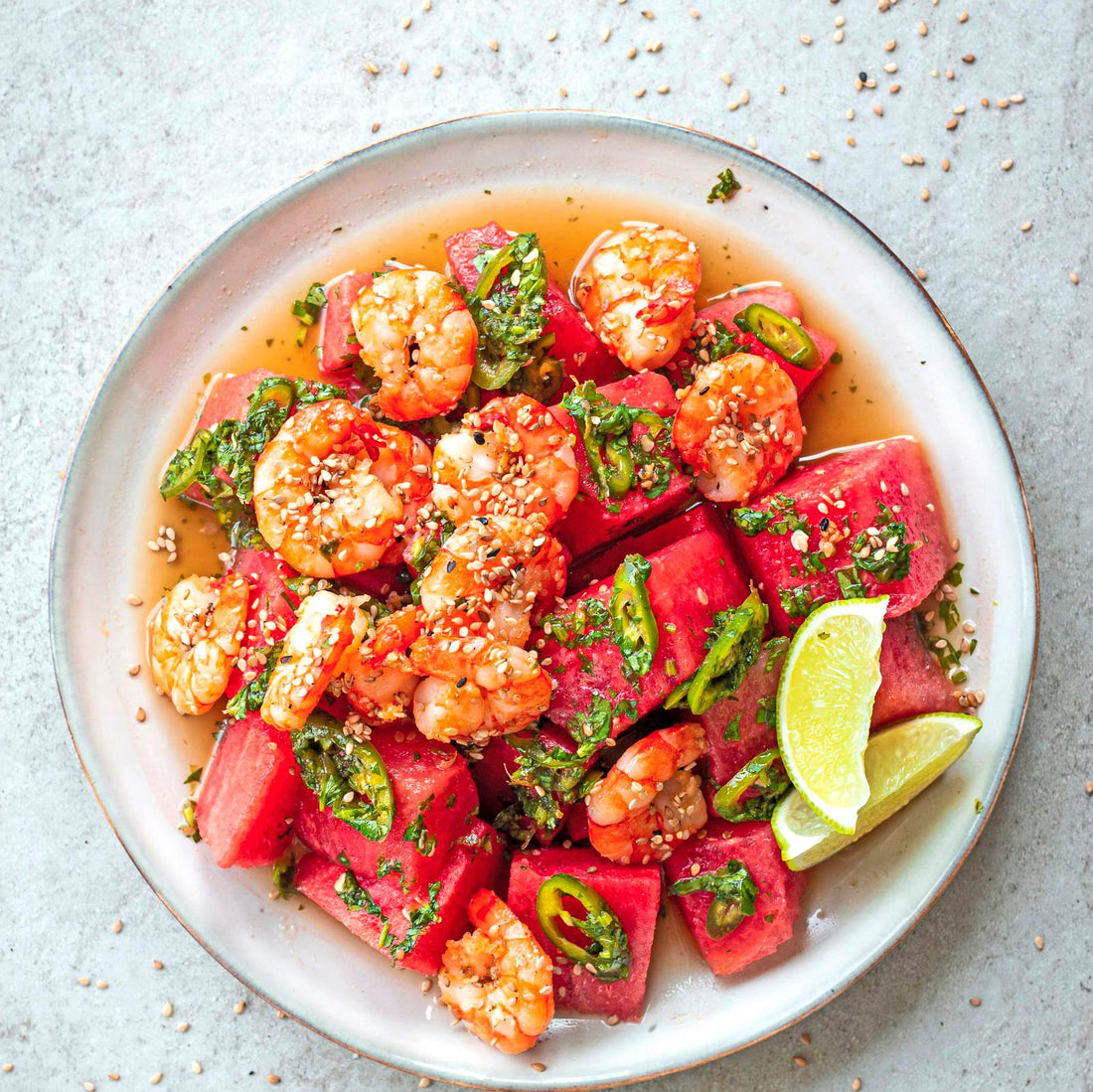 Wassermelonensalat Garnelen & Chili-Salsa