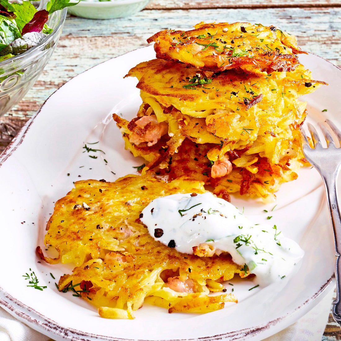 Garnelen-Rösti mit Kräuterdip