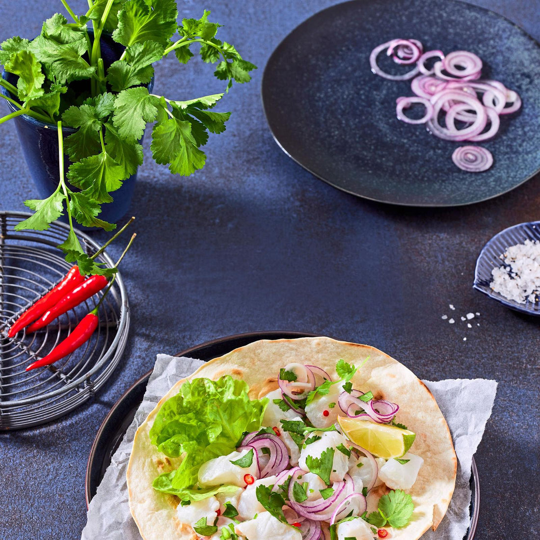 Aromatische Ceviche im Tortillafladen