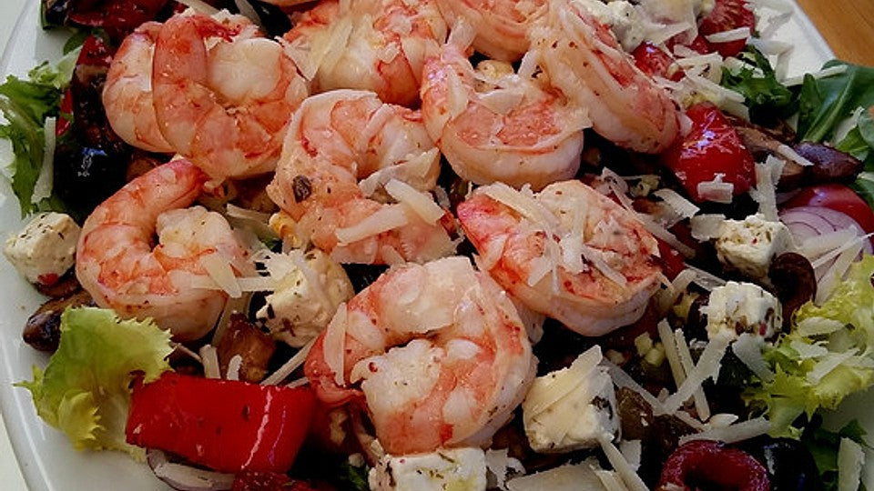 Pflücksalate mit Riesengarnelen und gebratenem Champignongemüse von Ninotschka84