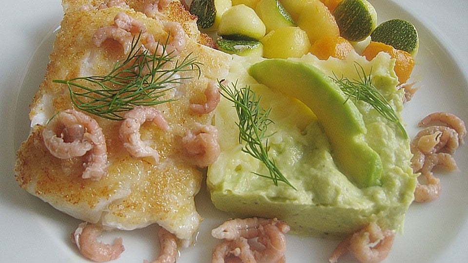 Blauleng und Krabben mit Apfel - Kürbis - Zucchini - Kugeln und Kartoffel - Avocado - Püree von schrat
