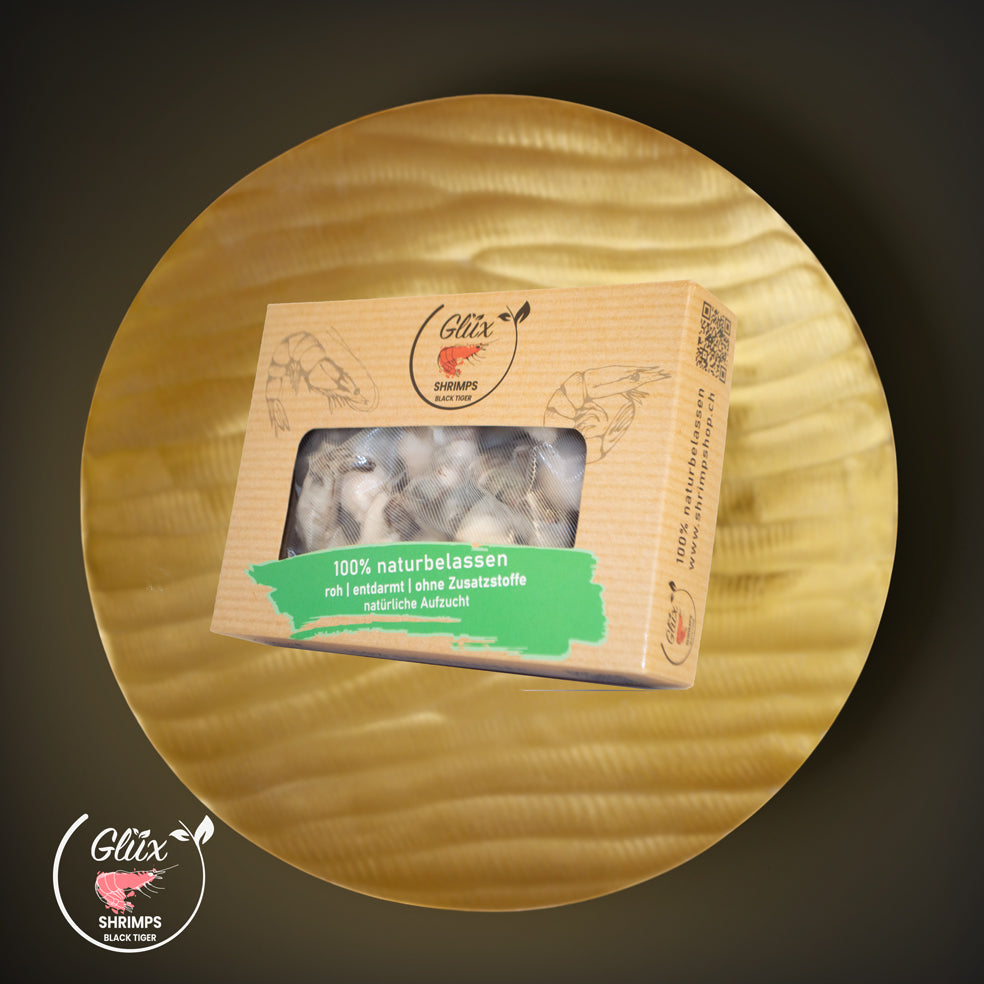 Black Tiger Shrimps PD 21/25 geschält, 350 g Box – GlüxShrimps