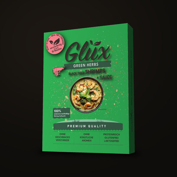 GlüxShrimps Green Herbs – Black Tiger Shrimps mit Kräuter-Sauce, Ready to Cook, Packung 350 g